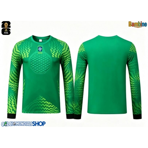 Maglie da calcio Brasile Portiere Seconda Maglia Bambino Mondiali 2026  Manica Lunga + Pantaloni corti)